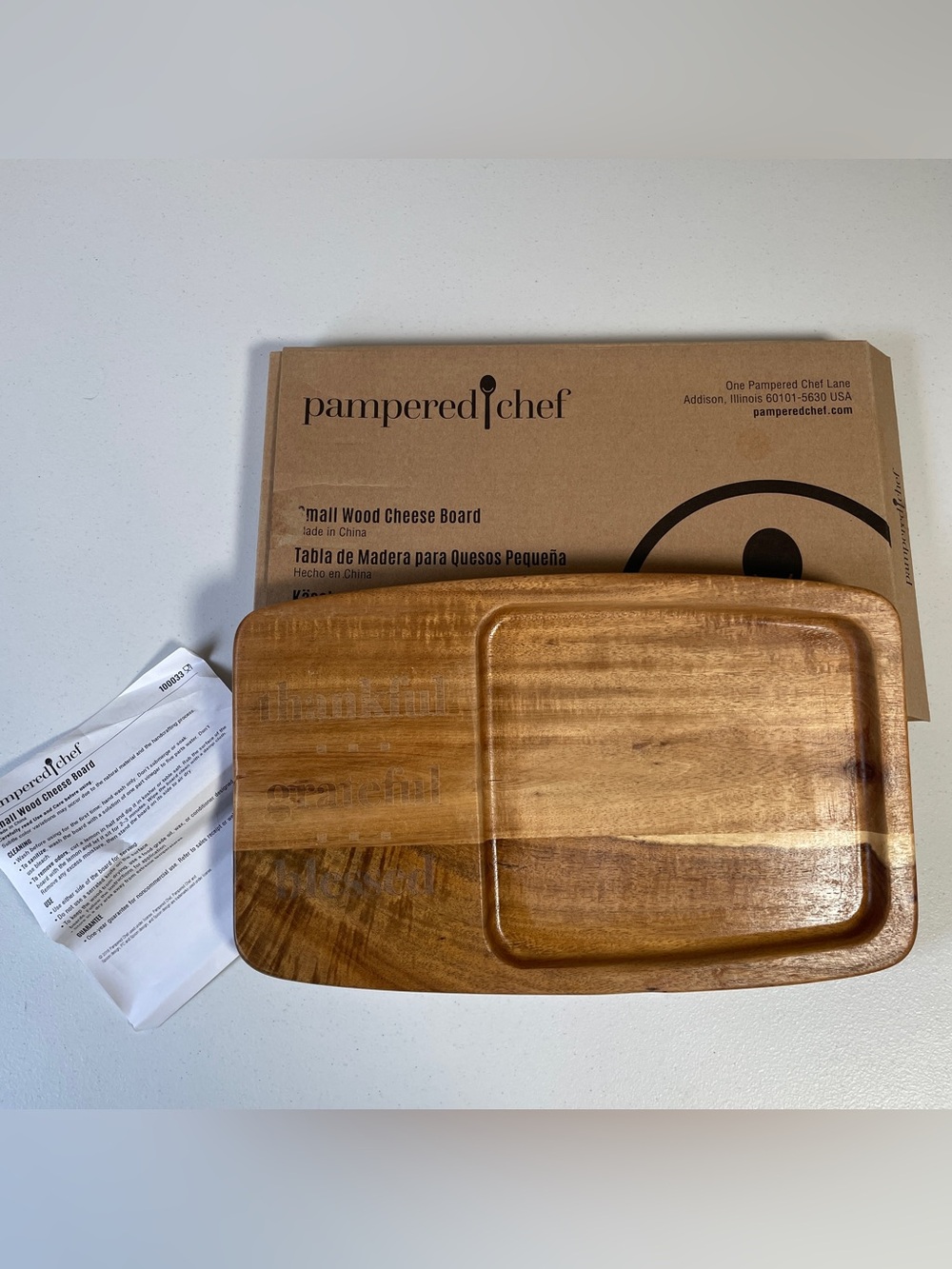 NEW Pampered Chef Small Wood Cheese Board With Box Thankful Grateful Blessed